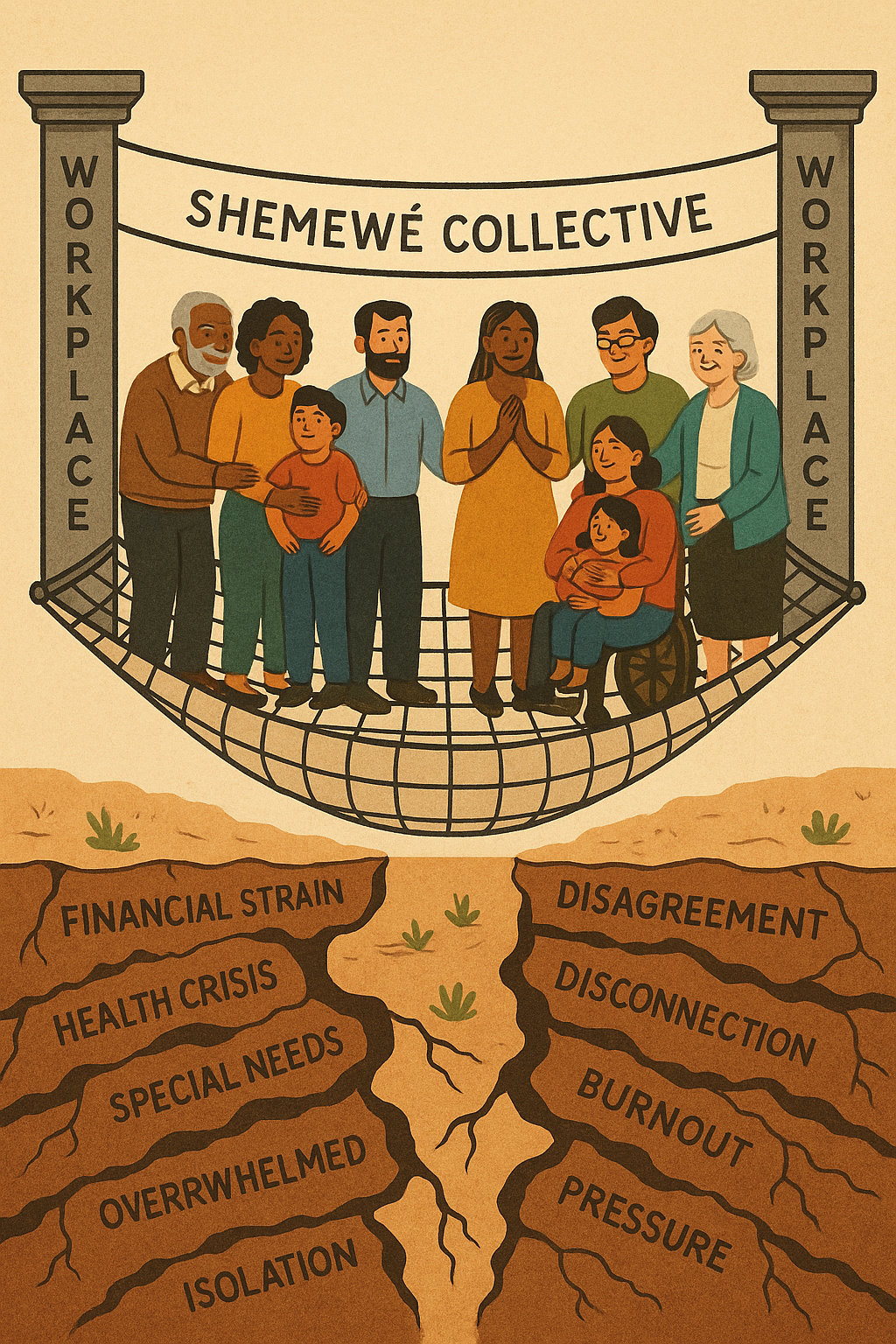Inclusive workplace parenting support by Shemewé Collective showing families of different ages, cultures, and abilities supported through collective care and wellbeing.