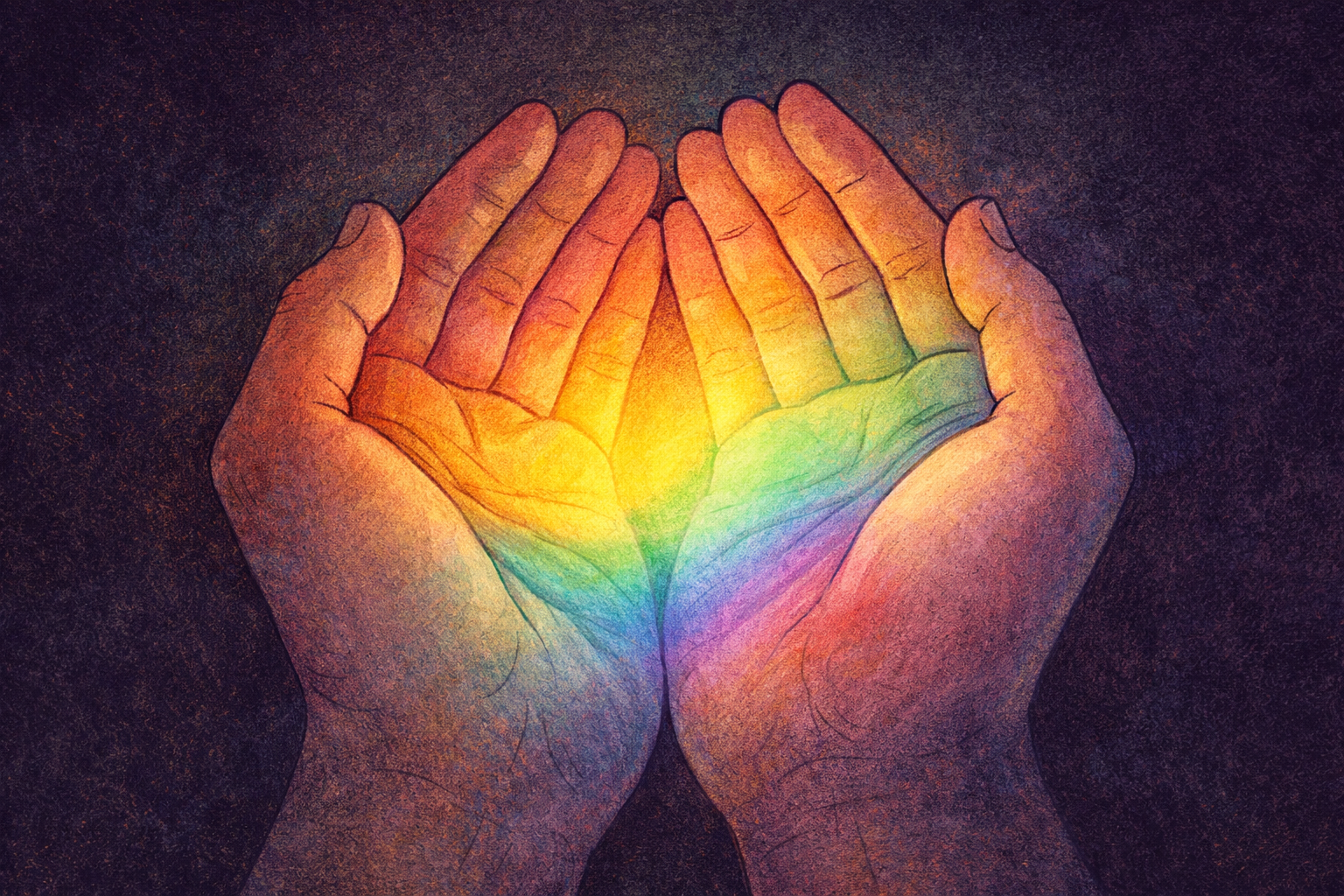 Hand-drawn illustration of open hands holding a spectrum of colour, representing belonging and inclusive workplace wellbeing for LGBTIQAP+ people.