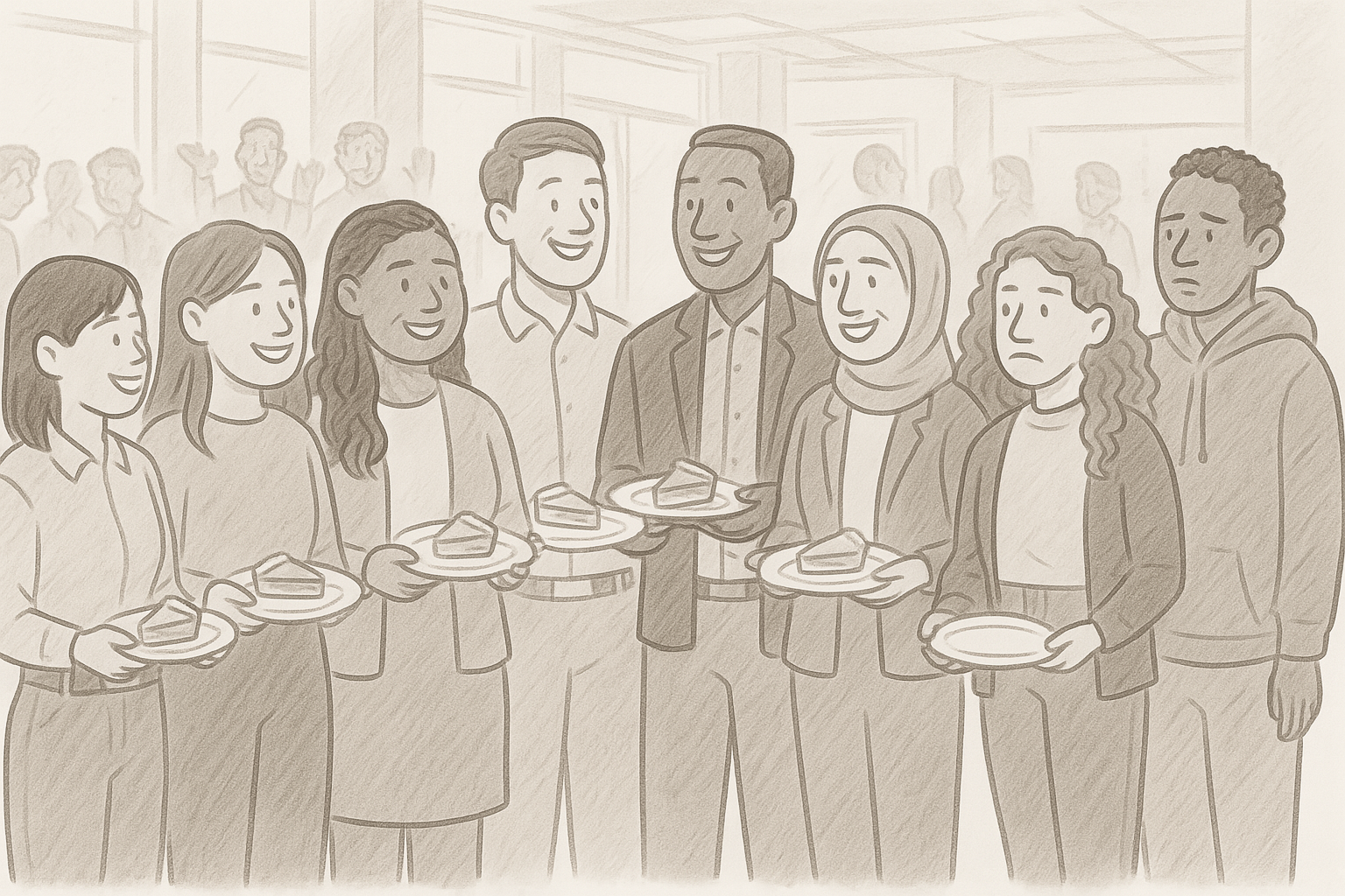 Diverse employees collaborating in a workplace that values wellbeing, relationships, and inclusion.