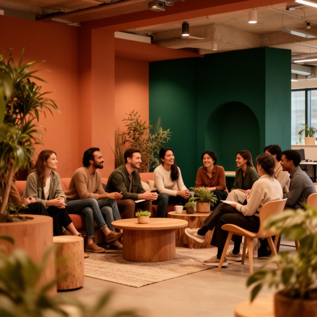 Diverse community gathered in a warm modern workplace lounge